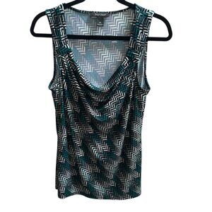 White House Black Market Teal Green White Chevron Drape Neck Sleeveless Top Sz M